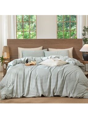 NEW MooMee Gingham Duvet Cover Set 100% Washed Cotton Linen Like Texture (sage)